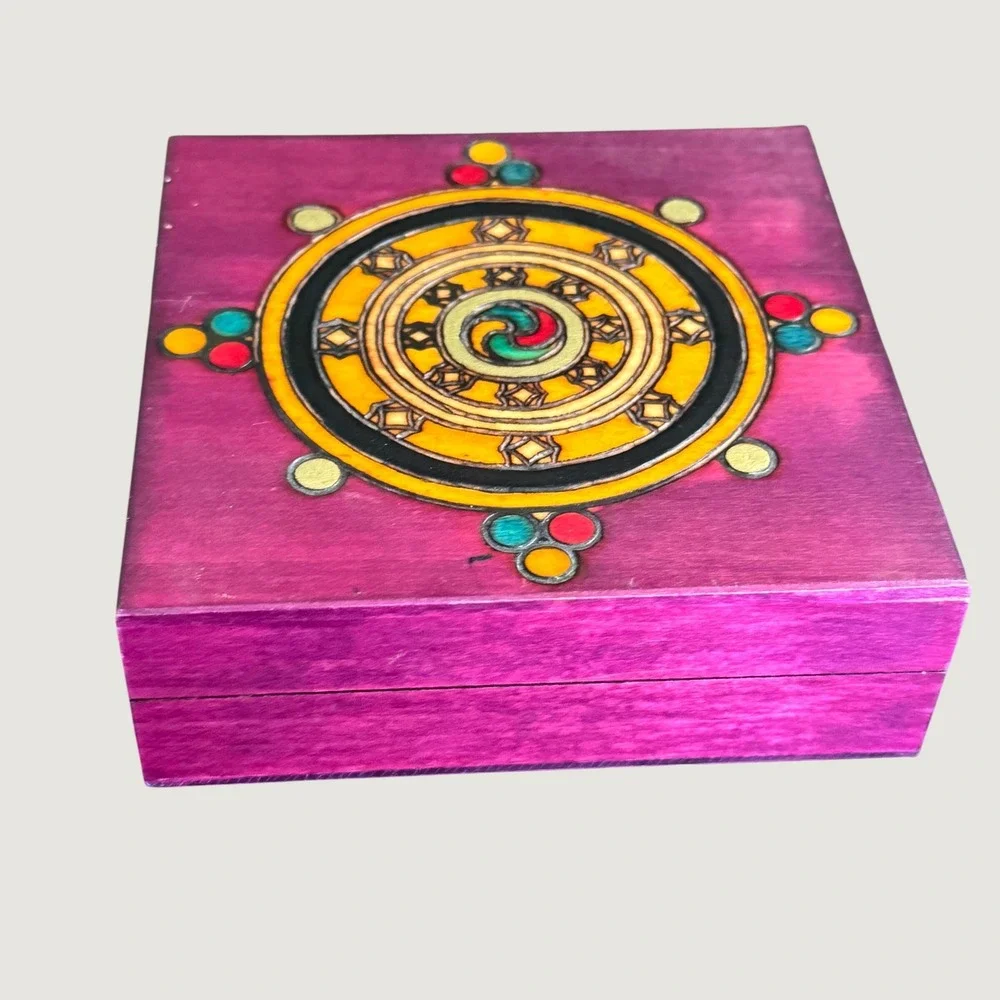 Vintage Polish Hand Carved Wooden Trinket Box Purple Mandala Design
